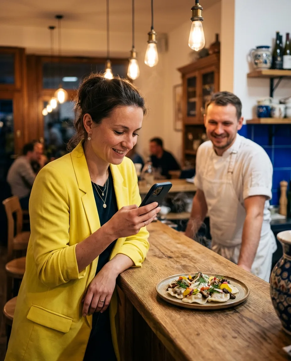 Twórczyni filmuje telefonem danie przy ladzie restauracji, za ladą uśmiechnięty kucharz